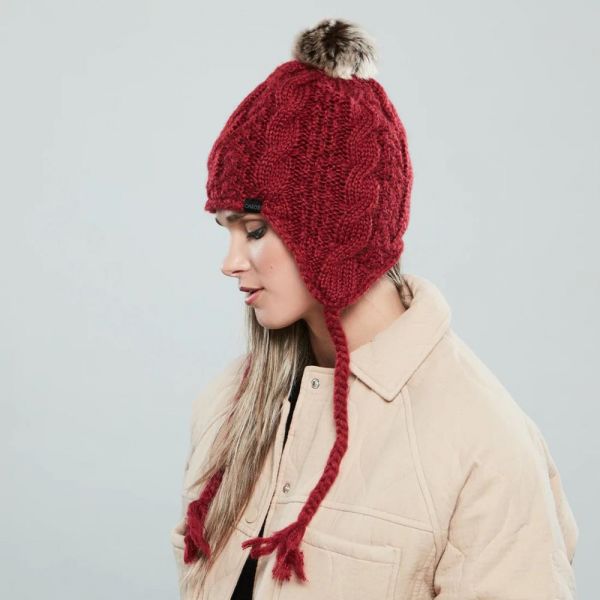 Women's Winter Earflap With Pom - Pon Chaos Taboo Dark Red