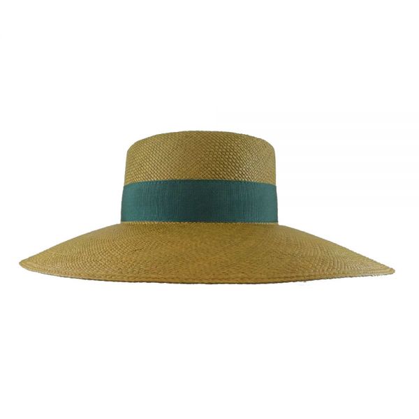 Women's Straw Panama Hat With Big Brim And Grosgrain Ribbon With Bow Green