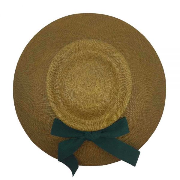 Women's Straw Panama Hat With Big Brim And Grosgrain Ribbon With Bow Green