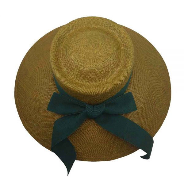Women's Straw Panama Hat With Big Brim And Grosgrain Ribbon With Bow Green