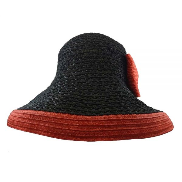 Καπέλο γυναικείο ψάθινο μαύρο χειροποίητο με κόκκινο φιόγκο Katerina Karoussos Marie Viska