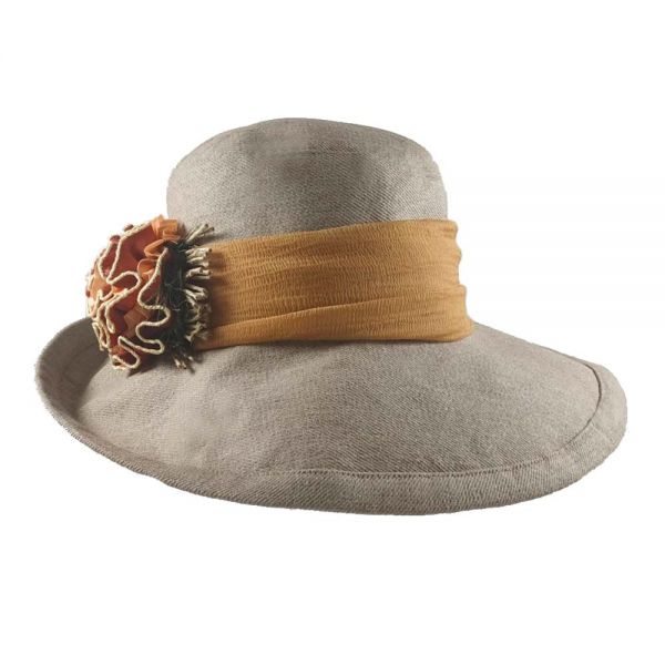 Summer Hand Made Linen Hat With Wide Ribbon And Flower