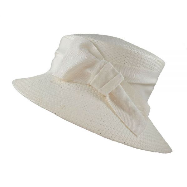 Women's Straw Hat With Ecru Grosgrain Ribbon And Bow Katerina Karoussos Diana Ecru