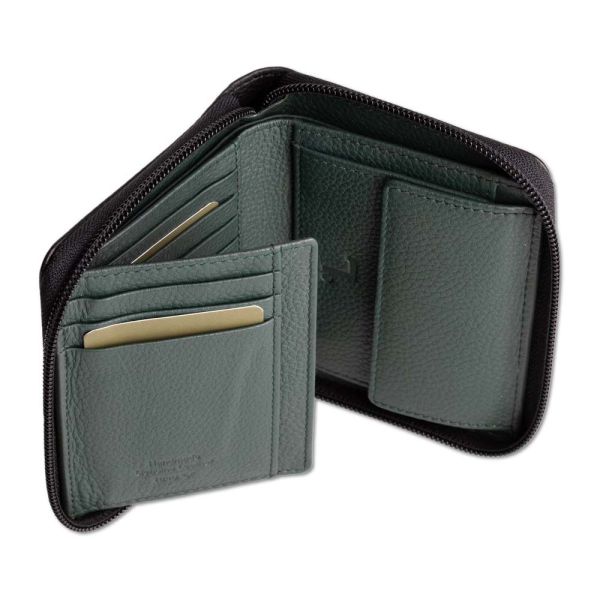 Men's Vertical Leather Wallet With Zip 7.Dots Jupiter 70-003 Black / Green