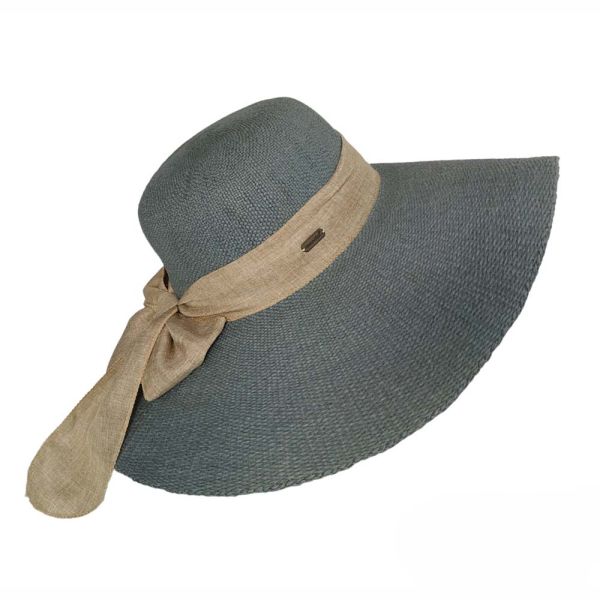 Καπέλο γυναικείο ψάθινο γκρι με μπεζ λινή κορδέλα Women's Straw Hat With Linen Band