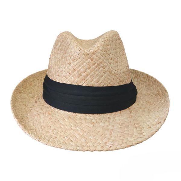 Summer Straw Fedora Hat With Wide Black Ribbon