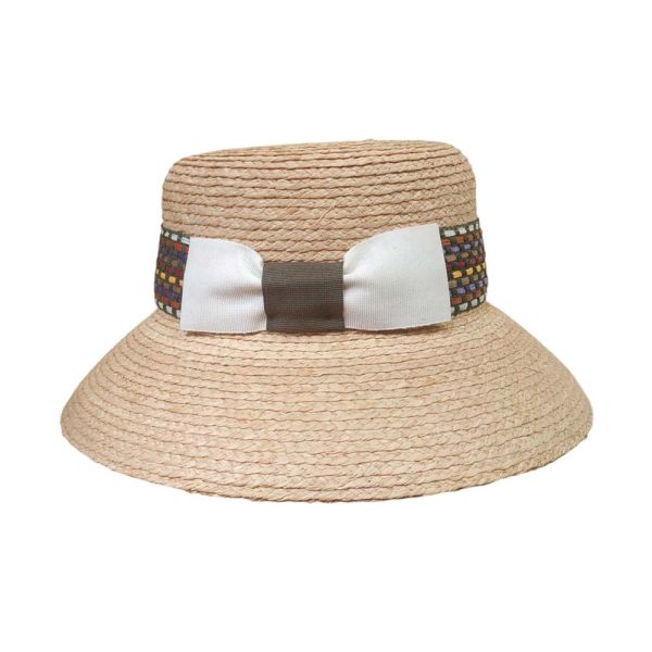 Women's Summer Natural Straw Hat With Stripped Colourful Band And Bow