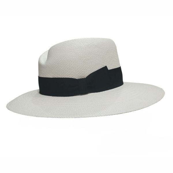 Women's Summer Panama Straw Fedora Hat With Wide Black Ribbon