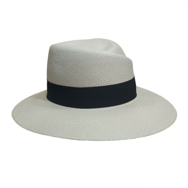 Women's Summer Panama Straw Fedora Hat With Wide Black Ribbon