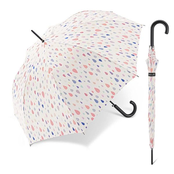 Long Automatic Windproof Umbrella Happy Rain Drops White