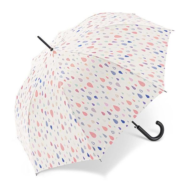 Long Automatic Windproof Umbrella Happy Rain Drops White