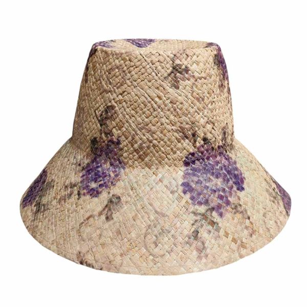 Καπέλο γυναικείο ψάθινο raffia καλοκαιρινό σε φυσικό χρώμα με λιλά φλοράλ μοτίβο