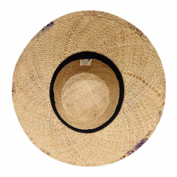 Καπέλο γυναικείο ψάθινο raffia καλοκαιρινό σε φυσικό χρώμα με λιλά φλοράλ μοτίβο
