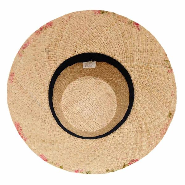 Καπέλο γυναικείο ψάθινο raffia καλοκαιρινό σε φυσικό χρώμα με ροζ φλοράλ μοτίβο