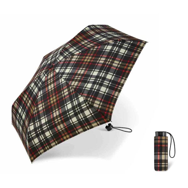 Ομπρέλα μίνι σπαστή γυναικεία καρώ μαύρη Happy Rain Essentials Checked Black