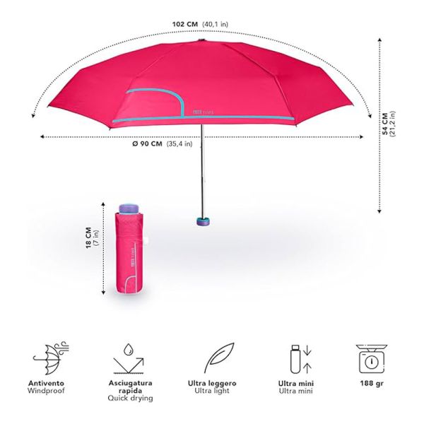 Ομπρέλα γυναικεία μονόχρωμη mini σπαστή ροζ Perletti Time Mini Pink