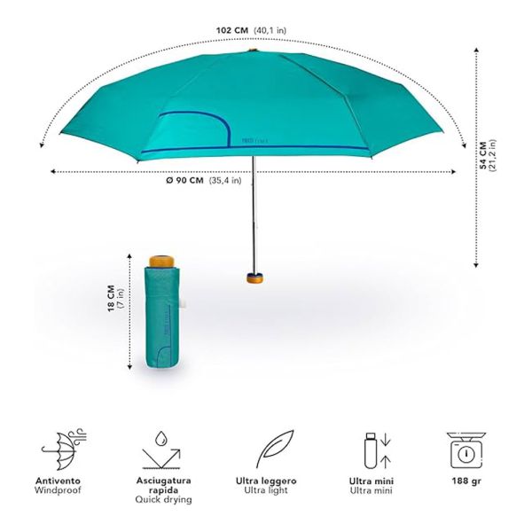 Ομπρέλα γυναικεία μονόχρωμη mini σπαστή σιέλ Perletti Time Mini Light Blue