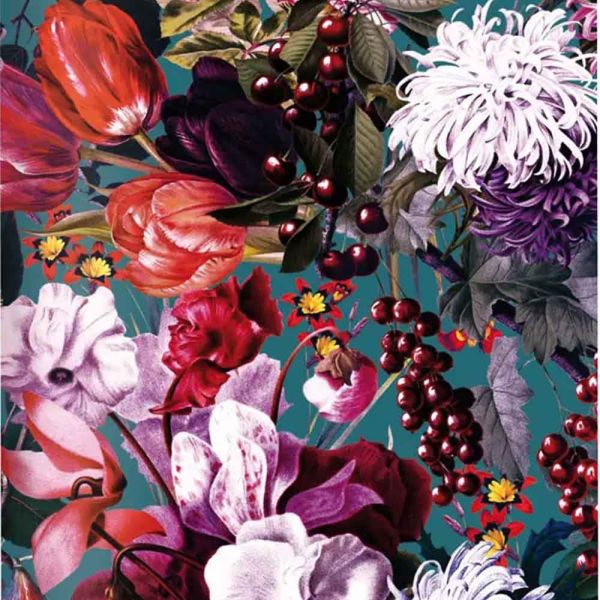 Βεντάλια ξύλινη πετρόλ με φλοράλ μοτίβο Cedon Flower Bouquet Petrol