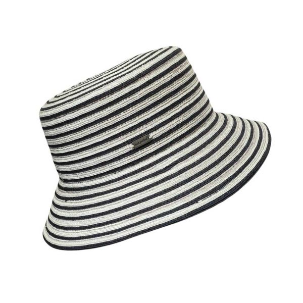 Καπέλο γυναικείο ψάθινο ριγέ γκρι - μαύρο Women's Straw Bucket Hat Striped Grey - Black